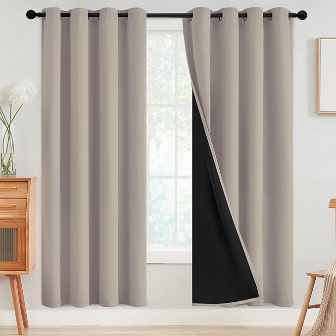 SimpleHome 100% Blackout Curtains for Bedroom,Thermal Insulated Natural Grommet Window Drapes Room Darkening Curtains for Living Room with Black Back,52 x 72 Inch,2 Panels