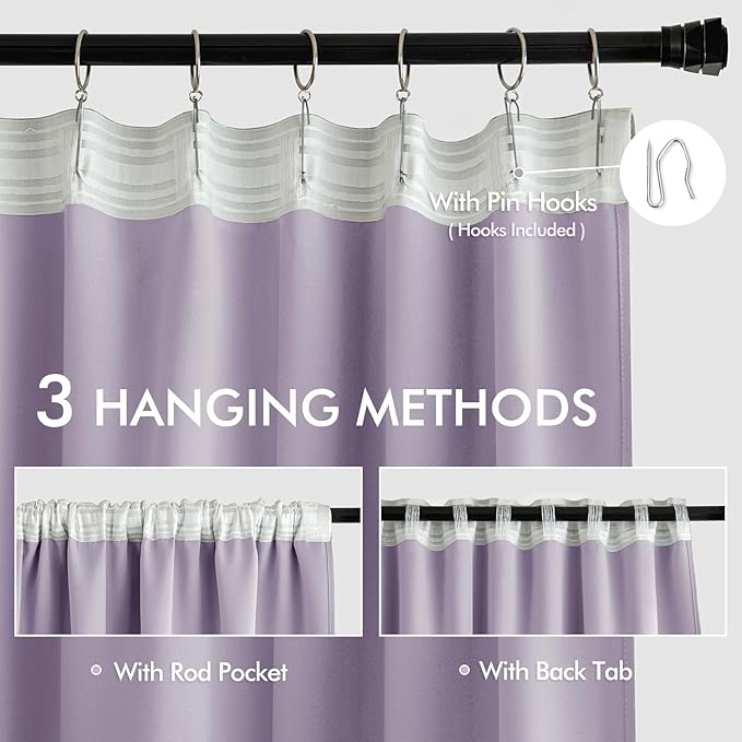 MIULEE Lilac Back Tab Blackout Curtains 90 Inches Long 2 Panels Set for Living Room Bedroom Privacy, Rod Pocket/Pinch Pleat Thermal Insulated Room Darkening Pleated Light Blocking Drapes