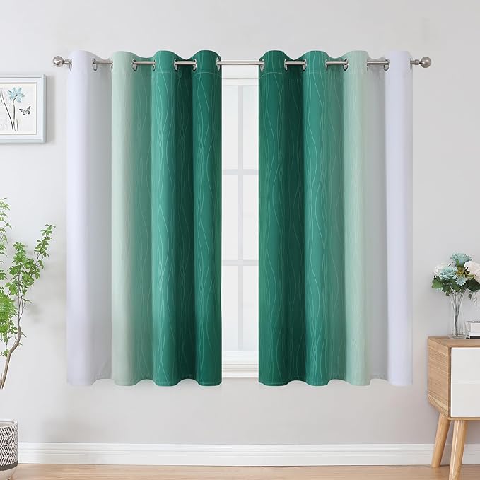 Estelar Textiler Green and Greyish White Blackout Curtains, Full Light Blocking Gradient Grommet Drapes for Living Room, Thermal Insulated Ombre Curtains for Bathroom, 52Wx54L, 2 Panels