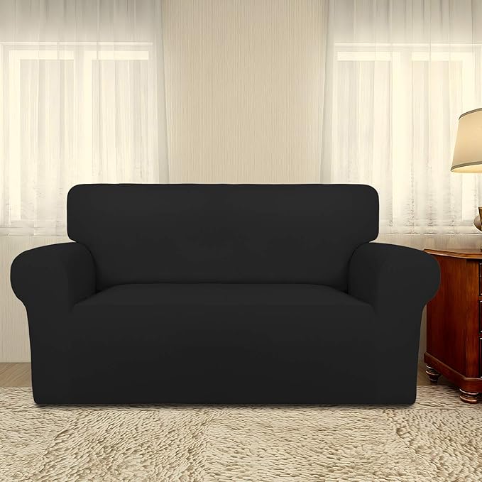 PureFit Super Stretch Sofa Slipcover – Spandex Non Slip Soft Couch Sofa Cover, Washable Furniture Protector with Non Skid Foam and Elastic Bottom for Kids, Pets （Loveseat, Black）