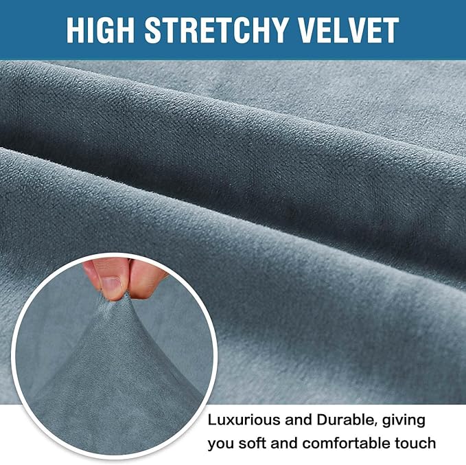 H.VERSAILTEX Stretch Velvet Sofa Covers for 3 Cushion Couch Covers Sofa Slipcovers Furniture Protector Soft with Non Slip Elastic Bottom, Crafted from Comfy Rich Velour (Sofa 72'-90', Stone Blue)