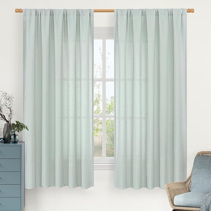 LAMIT Linen Curtains 63 Inch for Bedroom, Light Filtering Neutral Semi Sheer Window Treatment Farmhouse Curtains Rod Pocket Panels for Living Room/Dining Room, 2 Panels, 52 x 63 Inch, Light Blue