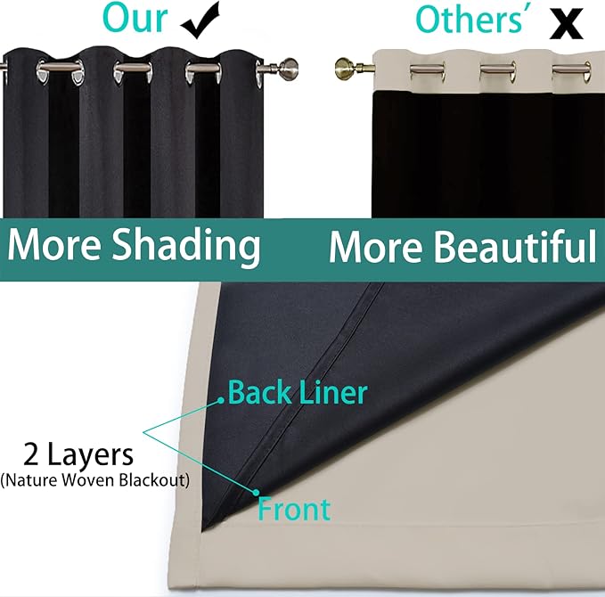 Yakamok 100% Blackout Curtains 63 Inches Long, 2 Thick Layers Heat and Full Light Blocking Soft Thermal Insulated Drapes for Bedroom(42" Wide Each Panel, Natural, 2 Panels)