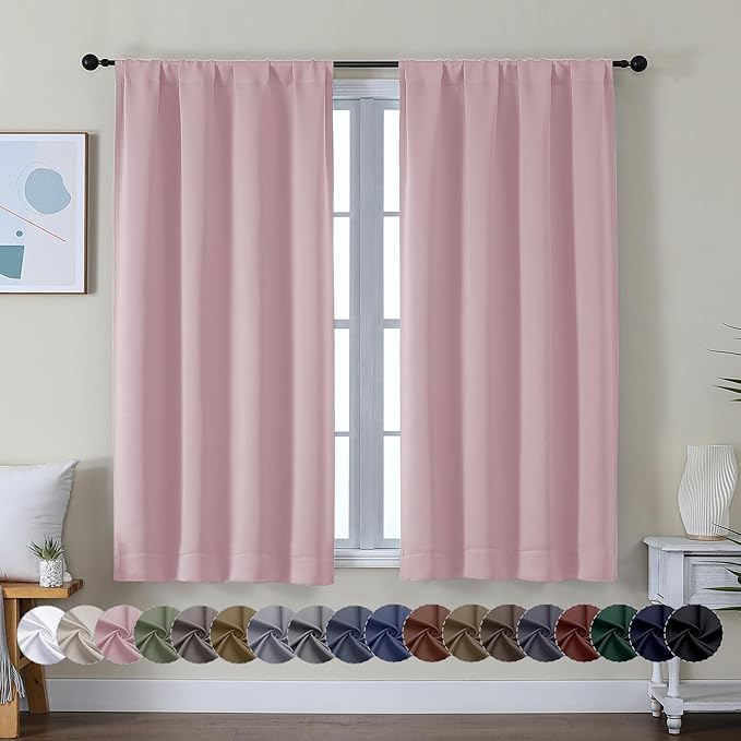 Simplebrand Ava Blush Short Blackout Curtains for Bedroom 45 Inches Long 2 Panels Set, Solid Thermal Insulated, Energy Saving Window Treatment Curtains Blackout Drapes, W40 x L45 Inch, Blush