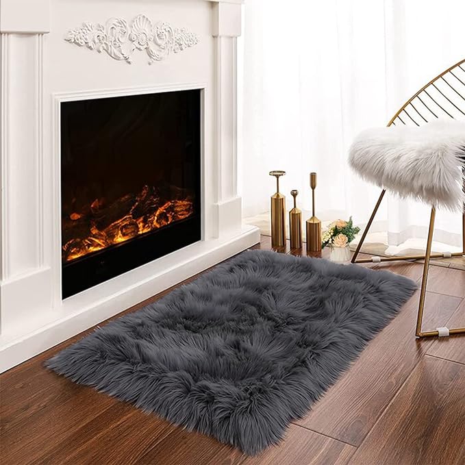 Latepis Dark Grey Small Bedroom Rugs 2x3 Washable Rugs Soft Shaggy Fuzzy Faux Sheepskin Fur Rug for Cushion Cat Mat Home Décor, Rectangle