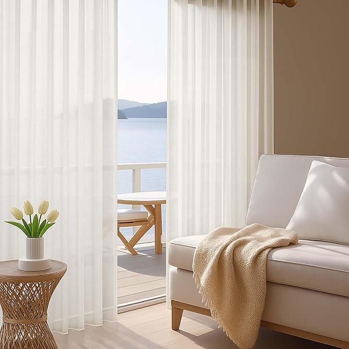 OWENIE Ivory Sheer Curtain 90 Inches Long 2 Panels Set, Solid Filmy Drapes for Living Room Bedroom, Elegant Window Voile Sheer Curtain Panels Drapes, 2 Pcs, Each 59W x 90L Inch
