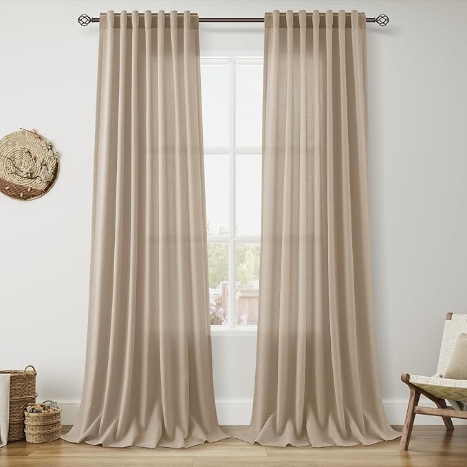 Sepia Beige Linen Curtains 108 Inches Long for Living Room Farmhouse Decor Light Filtering Semi Sheer Curtain Back Tab Rod Pocket Neutral Floor to Ceiling High Window for Bedroom 52x108, 2 Panels