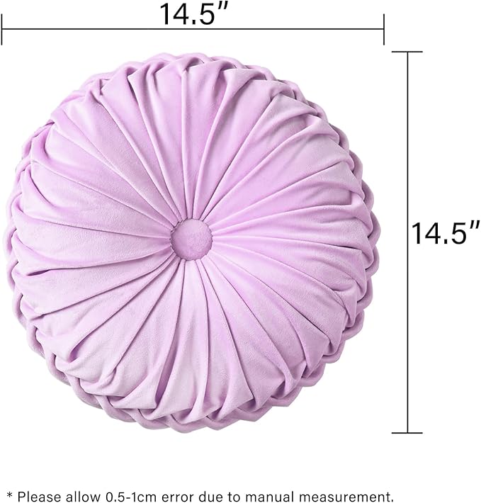 HIG Set of 2 Decorative Round Pleated Throw Pillows,Classy Accent Pumpkin Throw Pillows with Center Button,Vintage Velvet Floor Pillows for Sofa Vanity Chair Bed,Light Purple,14.5" Diameter(Ripple)