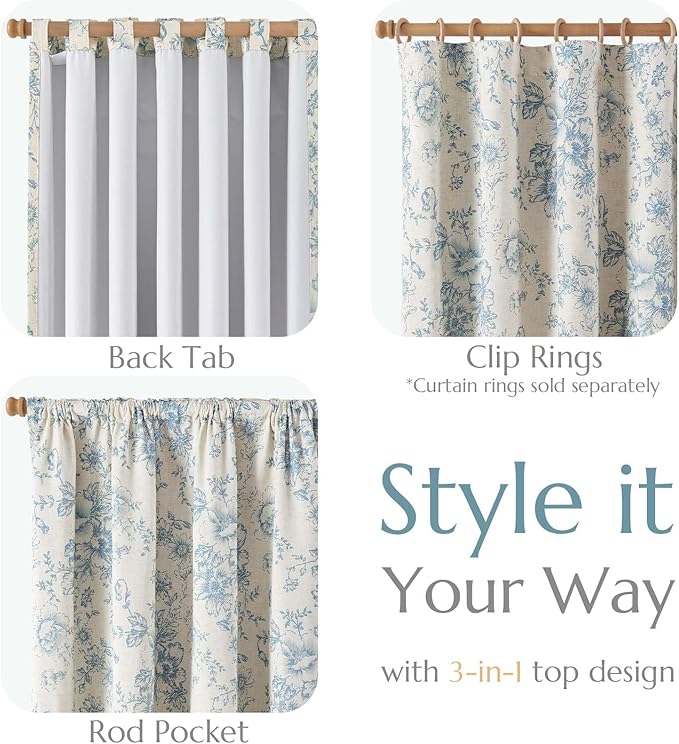 jinchan Blackout Floral Curtains for Living Room Bedroom Linen Blend Curtain Farmhouse Blue Printed with Lined Back Tab Rod Pocket Drapes Window Treatments 2 Panels 96 Inch