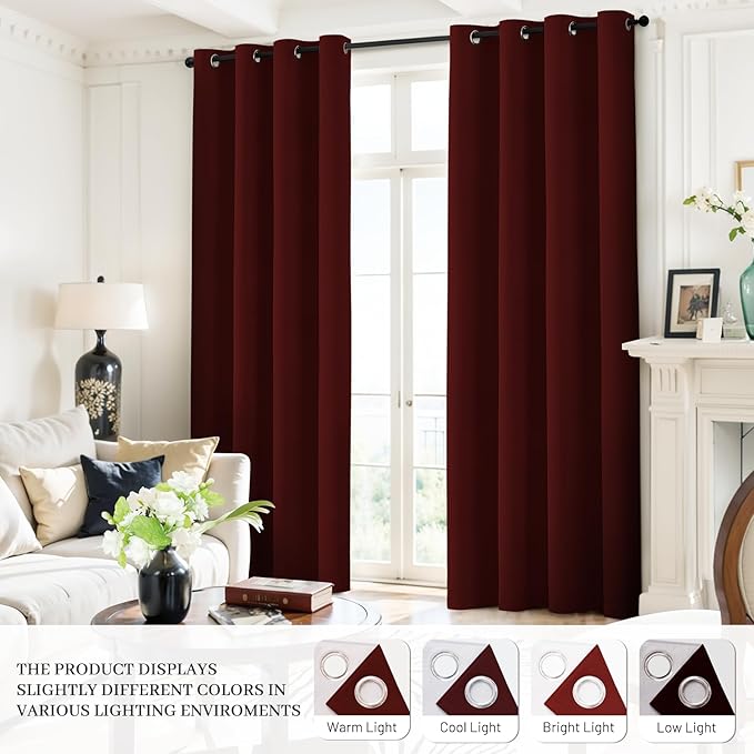 Yakamok Room Darkening 100% Blackout Curtains Grommet Window Treatments with 2 Thick Layers-Burgundy Red Thermal Insulated Drapes Set of 2 Panels for Bedroom Living Room 52 Inches by 72 Inches Length