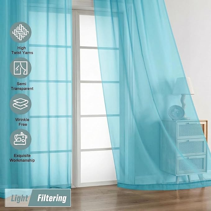 Sheer Curtains 63 Inch Length 2 Panels, Voile Sheer Curtain for Living Room, Breathable Light Filtering Modern Window Treatments, Soft Fabric Dual Rod Pocket Drapes, Aqua, 2x42Wx63L Inches