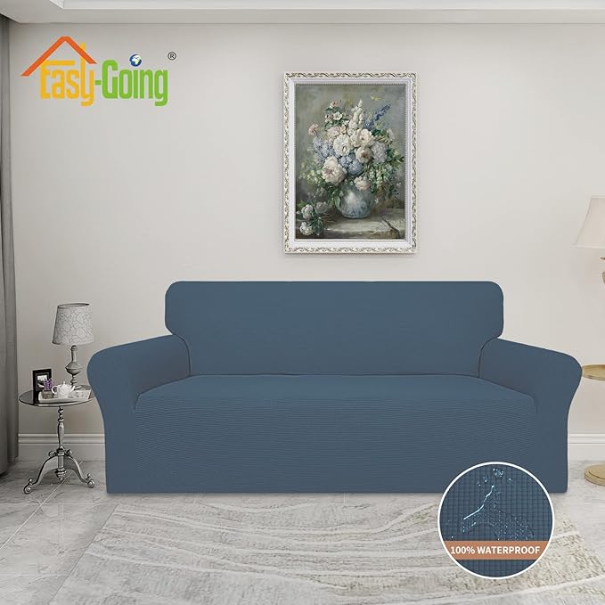 Easy-Going 100% Waterproof Couch Cover, Dual Waterproof Sofa Cover, Stretch Jacquard Sofa Slipcover, Leakproof Furniture Protector for Kids, Pets, Dog and Cat (Oversized Sofa, Bluestone)