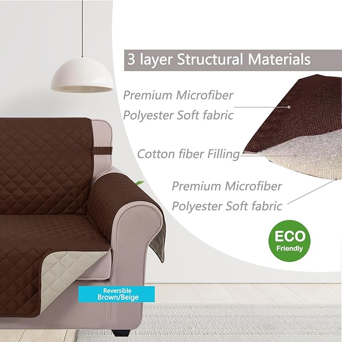 U-NICE HOME Recliner Chair Covers Reversible Chair Cover Pet Covers for Dogs with Elastic Straps Water Resistant Diamond Quilted (23''Armchair, Brown/Beige)