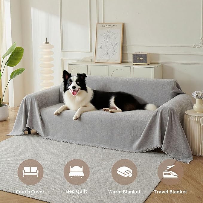 Couch Cover for Dogs, Boho Sofa Covers for 3 Cushion Couch, Chenille Sofa Slipcover for Pets Washable, L-Shape Sectional Couch Loveseat Cover Soft Throw Blankets with Tassels(71x118,Grey)