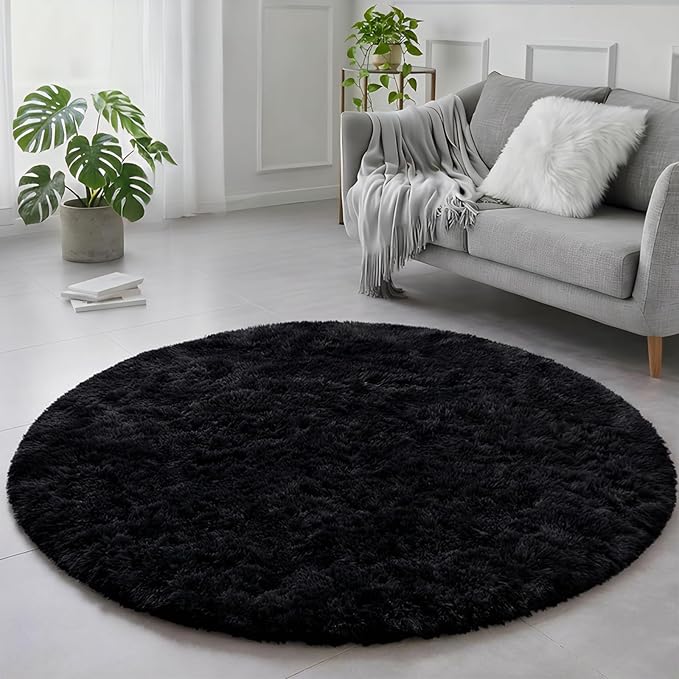 Black Small Round Rug 3Ft for Bedroom, Fluffy Circle Area Rugs for Living Room Decor Aesthetic, Shaggy Furry Circular Floor Carpet for Office Playroom Nursery Classroom, Modern Baby Kid Teen Boy Rug