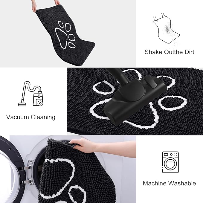 Smiry Dog Door Mat for Muddy Paws, Absorbent Dirt Trapper Non Slip Quick Dry Washable Chenille Mat for Mud Dogs, Entry Rug for Indoor and Outdoor (47x24 Inches, Black and White)