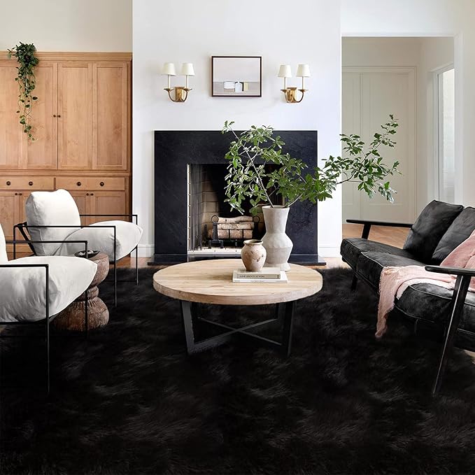 Latepis 9 x 12 Area Rug for Living Room Black Fur Faux Sheepskin Fluffy Rug for Bedroom Big Shag Carpet for Living Room Shaggy Rugs Rectangle