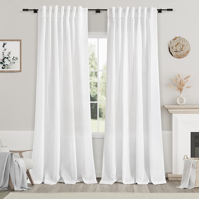 White Semi Sheer Linen Curtains 92 inch Length for Living Room Back Tab Rod Pocket Modern Farmhouse Coastal Decor Off White Cotton Textured Gauze Curtains 92 inches Long for Dining Room Office
