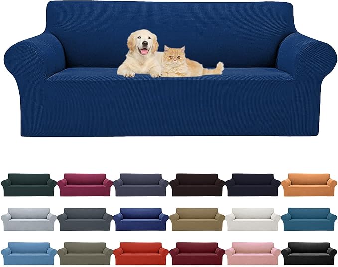 Cupuamon 2026 New Stretch Sofa Slipcovers Couch Cover for 3 Cushion Furniture Protector Sofa Covers with Elastic Bottom Jacquard Fabric Small Checks for Pets, Kids -Sofa, Classic Blue