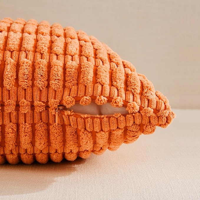 Fancy Homi 4 Packs Orange Fall Decorative Throw Pillow Covers 16x24 Inch for Couch Bed Sofa, Halloween Pumpkin Autumn Home Decor, Soft Cute Plush Corduroy Striped Cushion Case 40x60 CM