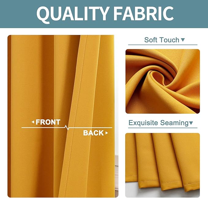 ChrisDowa Grommet Room Darkening Curtains for Bedroom and Living Room - 2 Panels Set Thermal Insulated Blackout Curtains (Mustard Yellow, 52W x 63L)