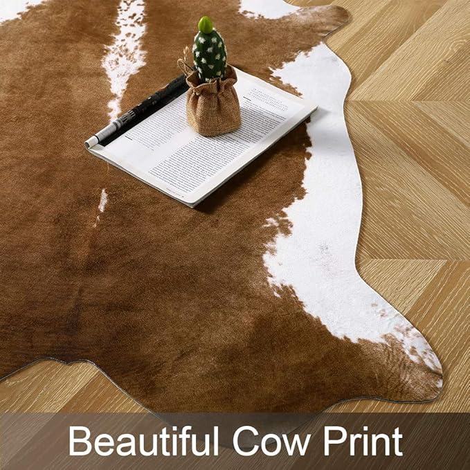 AROGAN Premium Faux Cowhide Rug 4.6 x 5.2 Feet, Sturdy and Large Size Cow Print Rugs, Suitable for Bedroom Living Room Western Decor, Faux Fur Animal Cow Hide Carpet, Brown