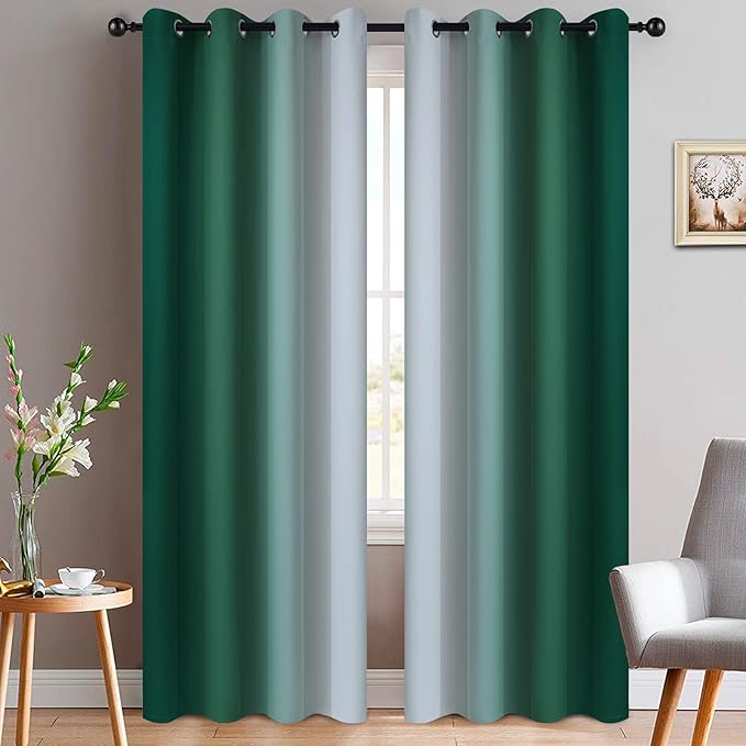 Yakamok Dark Green Ombre Curtains 84 Inches Long, Light Blocking Gradient Color Curtain Panels, Room Darkening Grommet Window Drapes for Bedroom(52x84 Inch, 2 Panels)