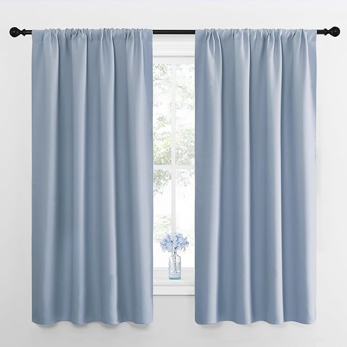 NICETOWN Kitchen Curtains, Short Blackout Drapes, Vintage Blue, 34 in x 45 in (W x L), Set of 2, Thermal Insulated Rod Pocket Window Treatment Draperies for Nursery