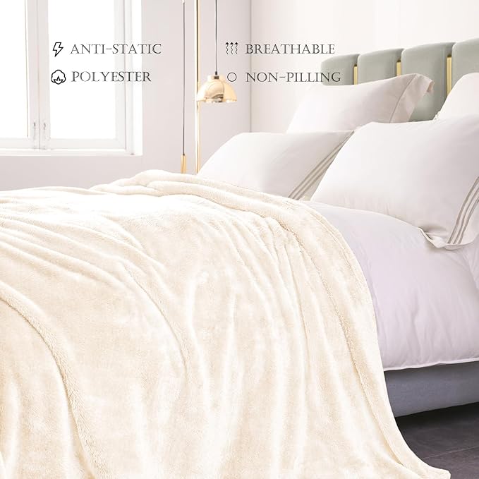 Exclusivo Mezcla Plush Fuzzy Fleece Bed Blanket Queen Size, Super Soft, Fluffy and Warm Blankets for Couch, Bed, All Season (Ivory, 90x90 inches)
