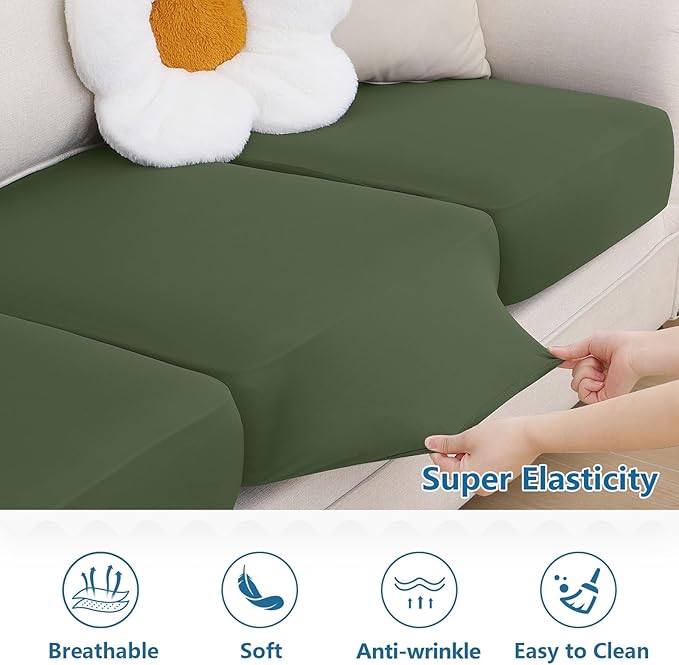 hyha Milk Silk Couch Cushion Covers, Soft Magic Sofa Covers Washable for 3 Cushion Couch, Stretch Sectional Outdoor Cushion Covers for Patio Furniture with Elastic Bottom(Large, Bronze Green)