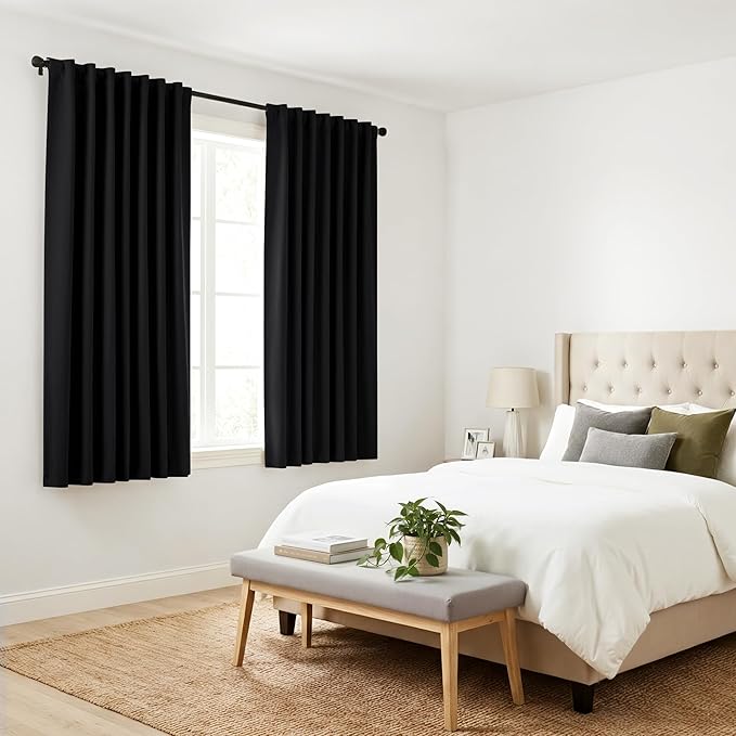 PONY DANCE Small Blackout Curtains for Kitchen Curtain Set - Nursery Short Drapes Panels Window Treatments Light Blocking Drapes for Bathroom, 42 Wide by 30 Inches Long, Black, 2 Panels