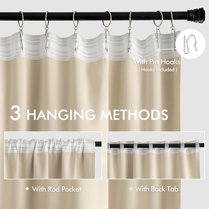 MIULEE Back Tab Cream Beige Curtains 108 Inch Long 2 Panels Set for Living Room Bedroom, Ivory Rod Pocket/Pinch Pleated Light Blocking Extra Long Thermal Insulated Room Darkening Blackout Drapes
