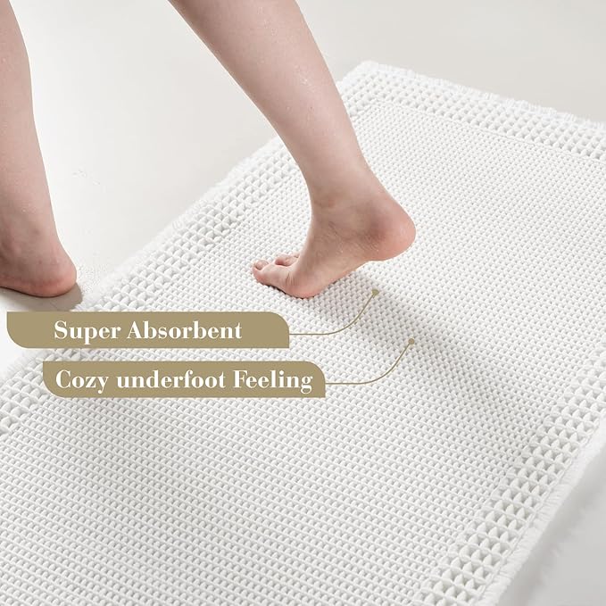 RESARE Waffle Bathroom Runner Rugs, Super Absorbent Bath Mat Non Slip Washable Quick Dry, Upgraded Ultra Soft Boho Bath Rugs with Tassels for Hallway Bedroom Laundry Room, 20"x32" White