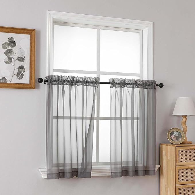 Grey Small Sheer Curtains 2 Panels, Kitchen Curtains 36 Inch Length, Elegant Light Filtering Short Window Drapes for Living Room Bedroom, Dual Rod Pocket, Charcoal Grey, 2x42Wx36L Inches