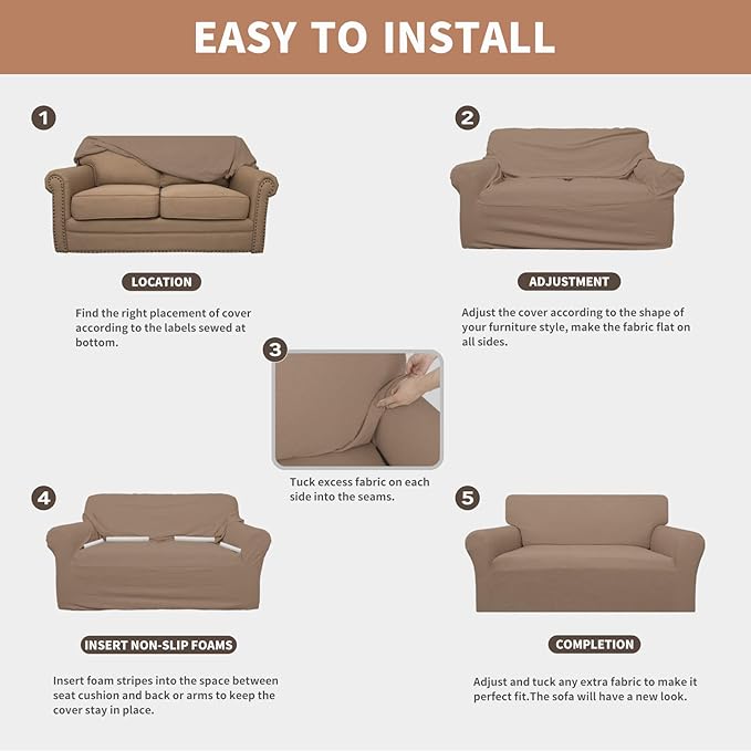 Easy-Going 100% Waterproof Oversized Loveseat Couch Cover, Dual Waterproof Sofa Cover, Stretch Jacquard Sofa Slipcover, Leakproof Furniture Protector for Kids, Pets, Dog and Cat, Camel