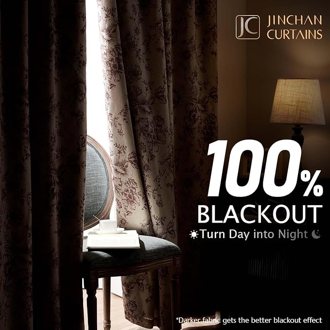 jinchan Blackout Floral Curtains for Living Room Bedroom Linen Blend Curtain Farmhouse Brick Red Printed with Lined Back Tab Rod Pocket Drapes Window Treatments 2 Panels 63 Inch