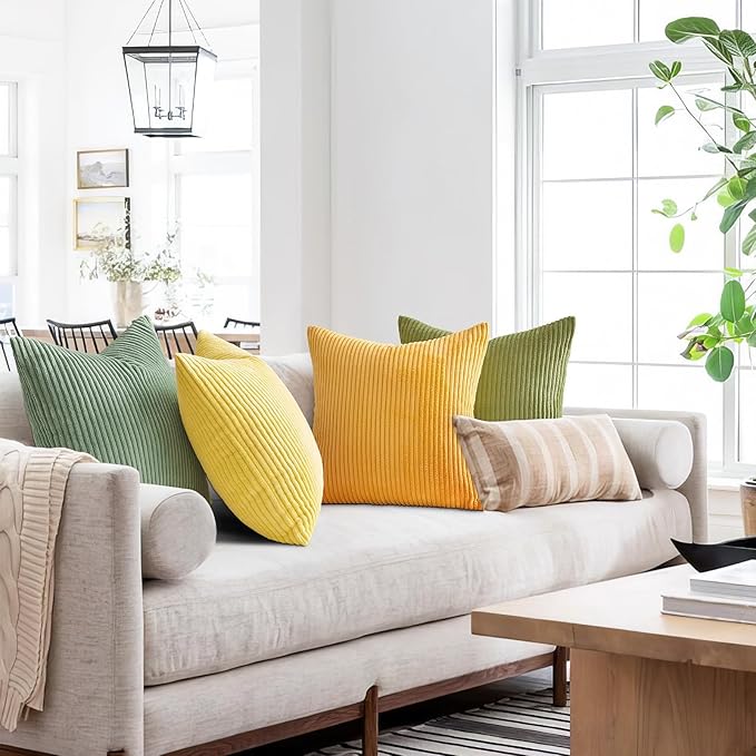 Topfinel Decorative Throw Pillow Covers 18x18 Inches Set of 4,Striped Corduroy Sage Green Yellow Color-Clash Design Cushion Cover,Pillow Case for Bedroom Couch Sofa Living Room,Summer Home Decor