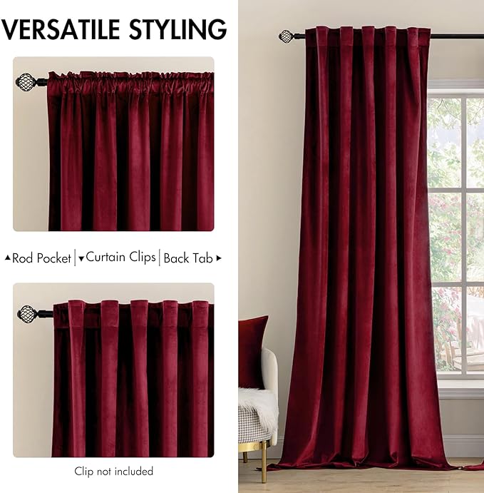 MIULEE Velvet Curtains 108 inches Long 2 Panels - Luxury Blackout Curtains for Bedroom Living Room Thermal Insulated Super Soft Christmas Decor Window Drapes Rod Pocket & Back Tab, Burgundy Red