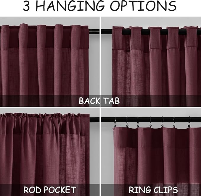 Nanspring Burgundy Linen 112 Inch Curtains for Living Room Light Filtering Semi Sheer Curtain Back Tab Vintage Boho Decor Elegant Drapes Floor to Ceiling High Window for Bedroom 52x112, 2 Panels