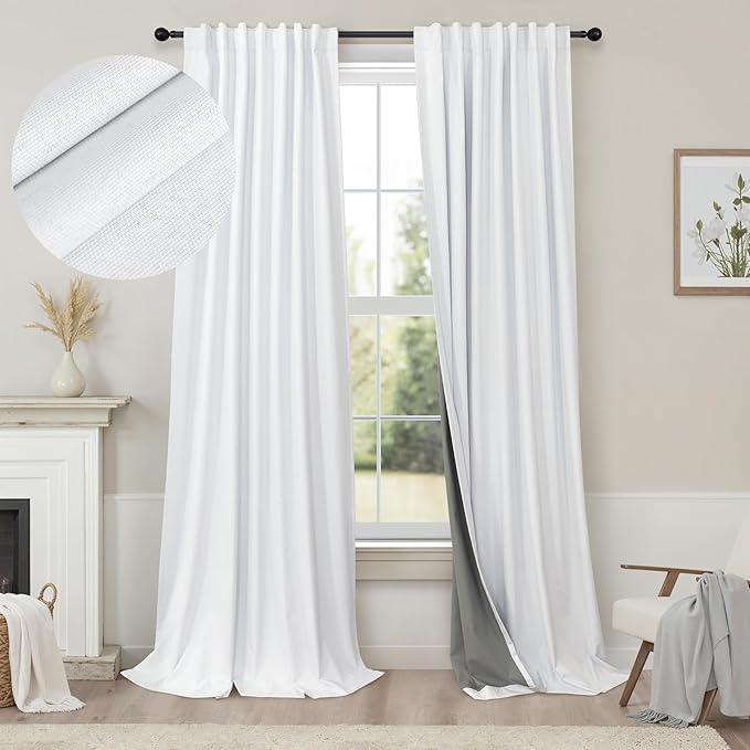 Room Divider Curtains 12ft Extra Long Blackout Curtains for High Ceiling Living Room Large Window Linen Look Drapes 132 Inches Long 2 Panels Set Noise Cancelling Thermal Light Blocking Farmhouse White