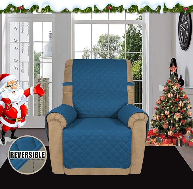 Easy-Going Recliner Sofa Slipcover Reversible Sofa Cover Water Resistant Couch Cover Furniture Protector with Elastic Straps for Pets Kids Children Dog Cat (Recliner, Peacock Blue/Beige)
