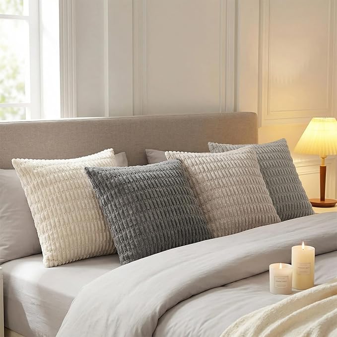 Fancy Homi Set of 4 Grey and White Decorative Throw Pillow Covers 16x16 Inch for Couch Bed Chair, Modern Farmhouse Boho Room Decor, Soft Fuzzy Double Sided Corduroy Textured Striped Cushion Case 40cm
