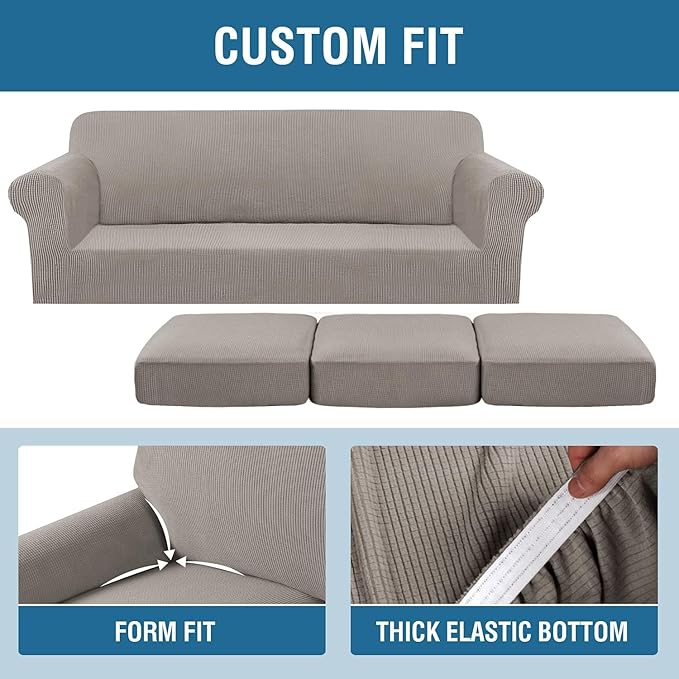 H.VERSAILTEX 4 Piece Stretch Sofa Covers for 3 Cushion Couch Covers for Living Room Furniture Slipcovers (Base Cover Plus 3 Seat Cushion Covers) Thicker Jacquard Fabric (Large Sofa, Taupe)