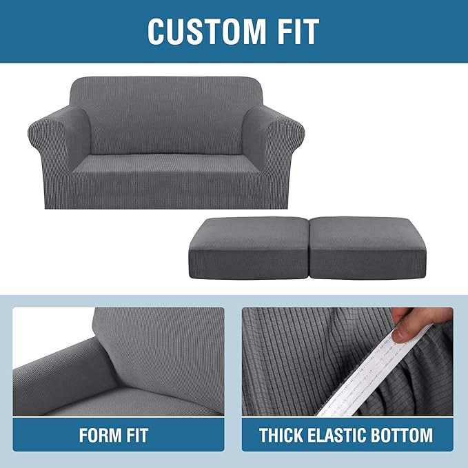 H.VERSAILTEX 3 Piece Stretch Sofa Covers for 2 Cushion Loveseat Couch Covers for Living Room Furniture Cover (Base Cover Plus 2 Seat Cushion Covers) Thicker Jacquard Fabric(Medium Sofa, Grey)