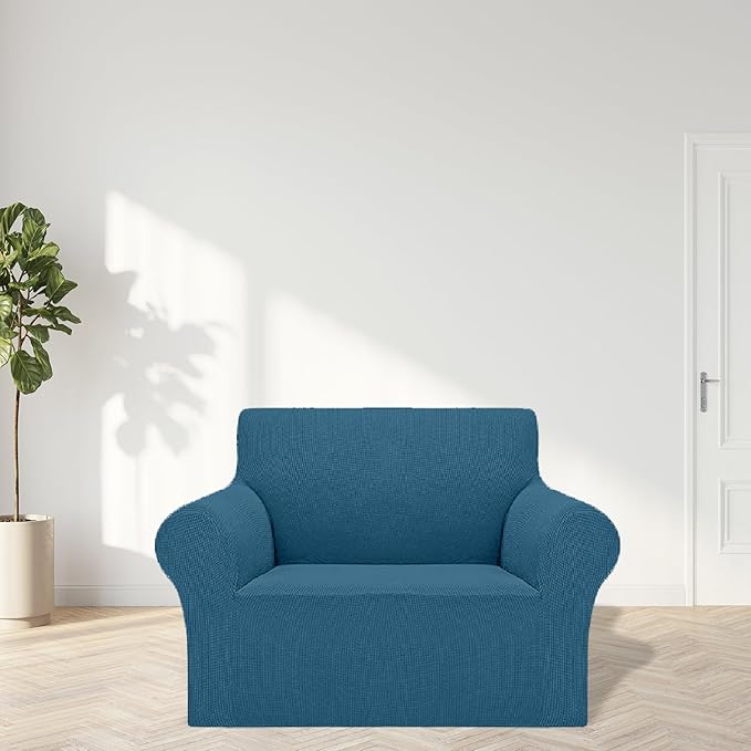 Cupuamon 2026 New Stretch Chair Sofa Slipcovers Couch Cover for 1 Seater Furniture Protector Sofa Covers with Elastic Bottom Jacquard Fabric Small Checks for Pets, Kids - Peacock Blue