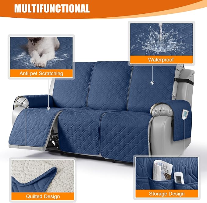VANSOFY Waterproof Recliner Couch Covers, Sofa Covers 1-Piece Washable Reclining Sofa Cover Non-Slip Furniture Protector with Elastic Straps Pocket for Dogs, Pets(Ocean Blue,3 Seater)