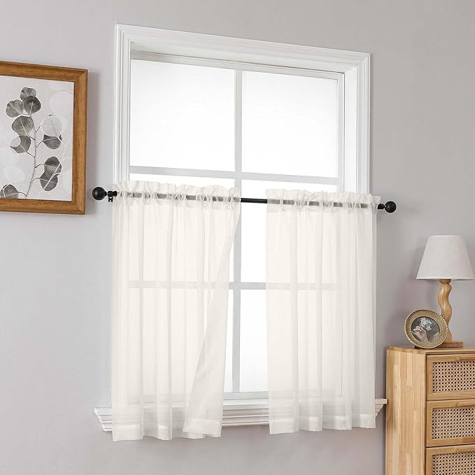 Ivory Small Sheer Curtains Tier 24 Inches Length 2 Pieces, Light Filtering Cafe Curtains Sheers for Living Room Bathroom, Modern Window Treatments Dual Rod Pocket Panels, 2X42Wx24L Inches