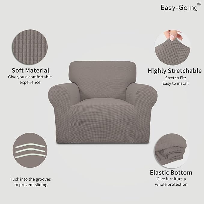 Easy-Going Stretch Chair Sofa Slipcover 1-Piece Couch Sofa Cover Furniture Protector Soft with Elastic Bottom for Kids, Pet. Spandex Jacquard Fabric Small Checks (Chair, Taupe)