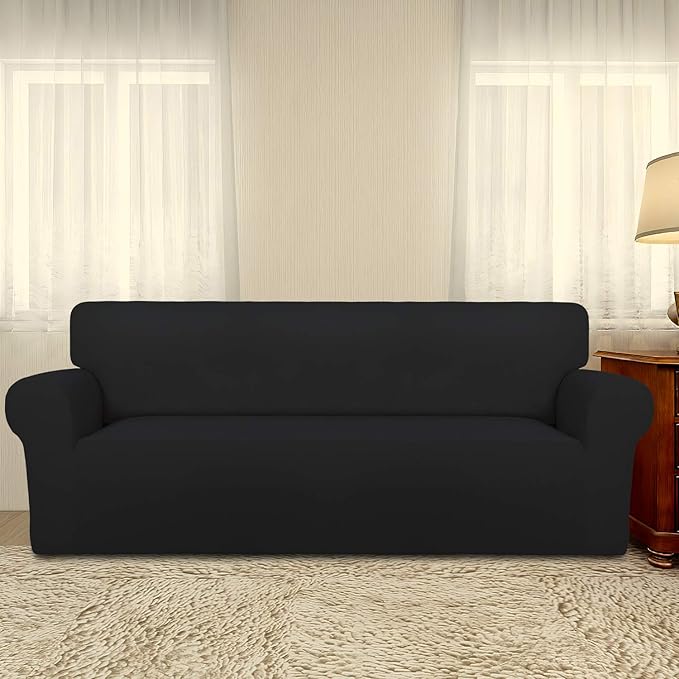 PureFit Super Stretch Oversized Sofa Slipcover – Spandex Non Slip Soft Couch Sofa Cover, Washable Furniture Protector with Non Skid Foam and Elastic Bottom for Kids, Pets （Oversized Sofa, Black）