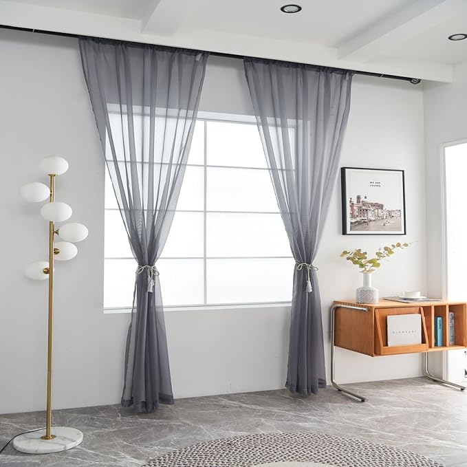SpaceDresser Sheer Voile Window Treatment Rod Pocket Curtain Panels for Kitchen Bedroom Living Room Drapes Sunlight Filtering Privacy Semi Home Decor Assorted Colors Sizes (Grey, 52 W x 72 L)